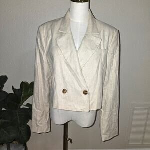 Banana Republic Linen Herringbone Blazer Womens 14 Flax Double Breasted NWT